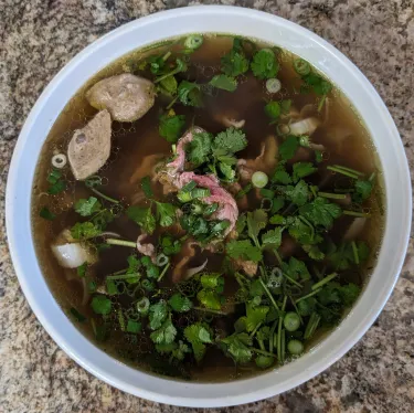 A bowl of Vietnamese beef noodle soup