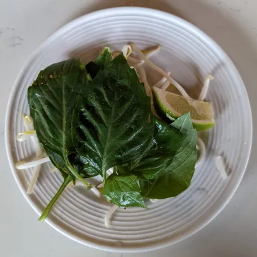 A plate of herbs used to top beef noodle soup