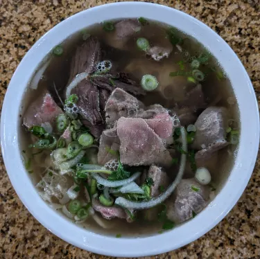 A bowl of Vietnamese beef noodle soup