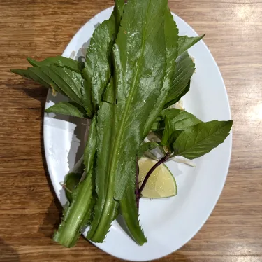 A plate of herbs used to top beef noodle soup