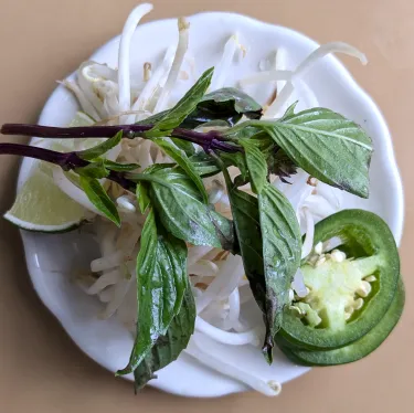 A plate of herbs used to top beef noodle soup