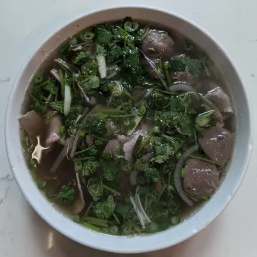 A bowl of Vietnamese beef noodle soup